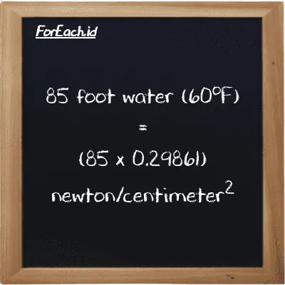 How to convert foot water (60<sup>o</sup>F) to newton/centimeter<sup>2</sup>: 85 foot water (60<sup>o</sup>F) (ftH2O) is equivalent to 85 times 0.29861 newton/centimeter<sup>2</sup> (N/cm<sup>2</sup>)